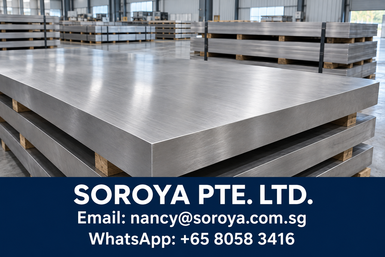 Stacked stainless steel plates in an industrial warehouse with SOROYA PTE. LTD. email and WhatsApp contact details
