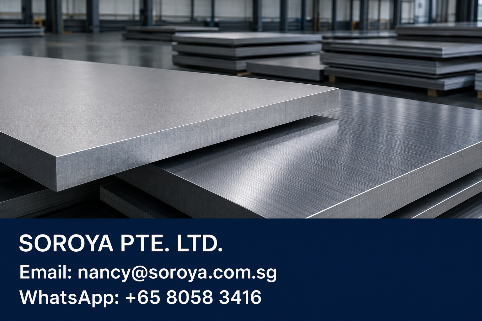 Stacked stainless steel plates with matte and brushed surfaces, with SOROYA PTE. LTD. email and WhatsApp contact details