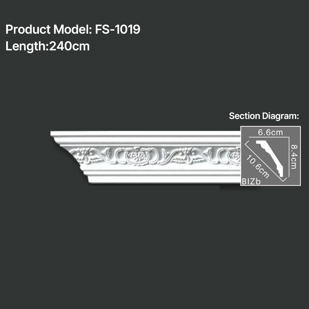 FS-1019 PU carved cornice moulding for ceiling corner and interior decoration