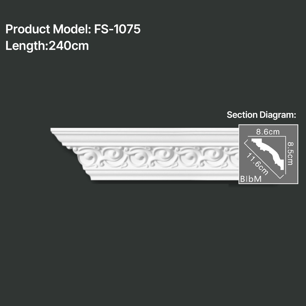 FS-1075 PU carved cornice moulding for ceiling corner and interior decoration