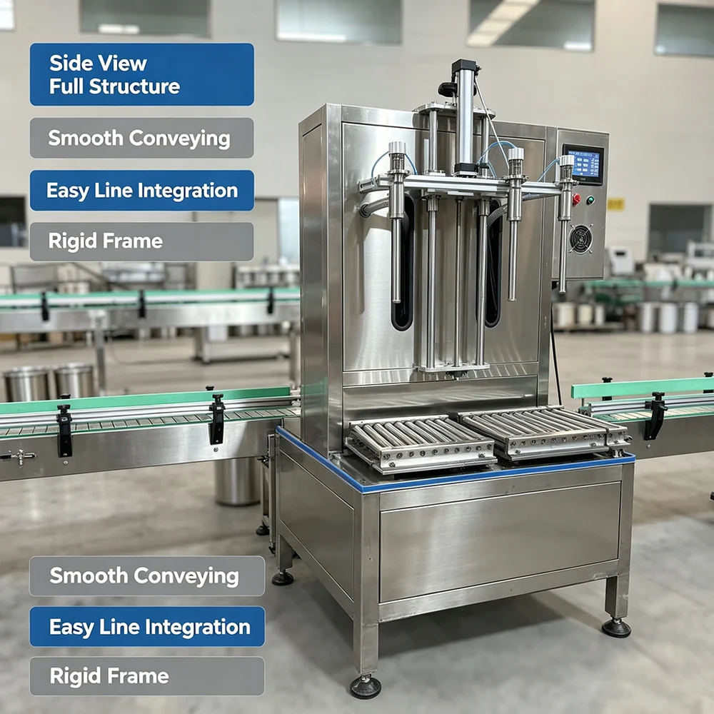 side view of dual-head weigh filler with conveyor line integration