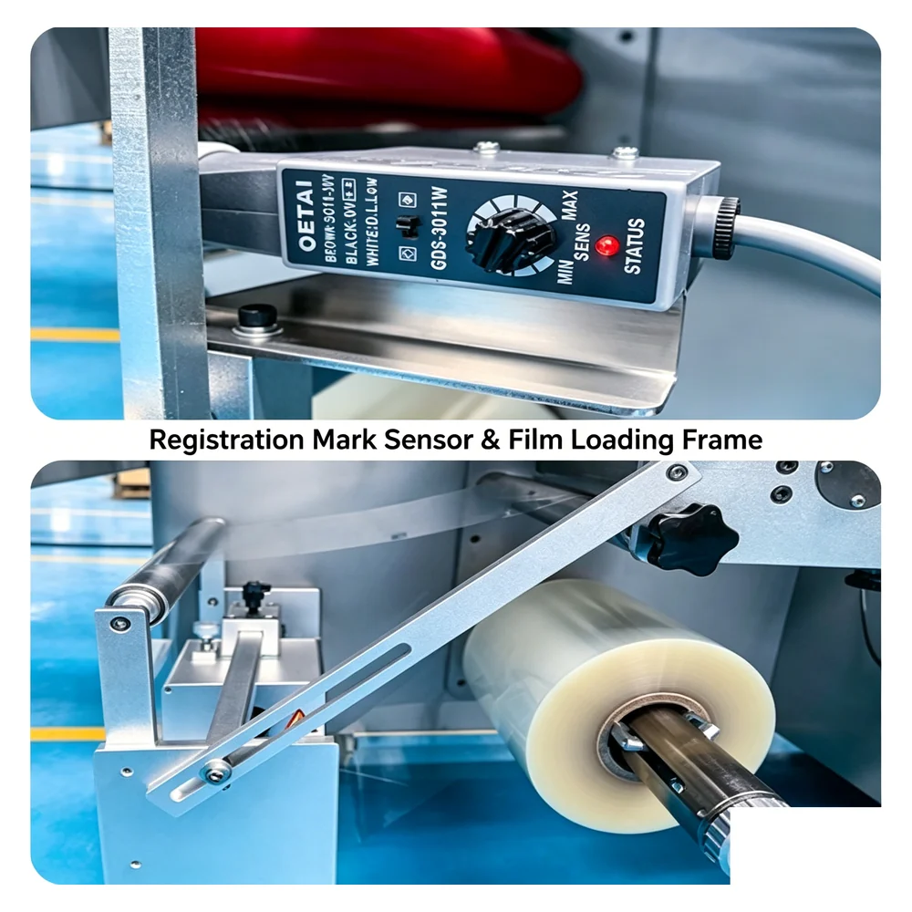 Registration mark sensor and film loading frame for bottom film flow wrapper