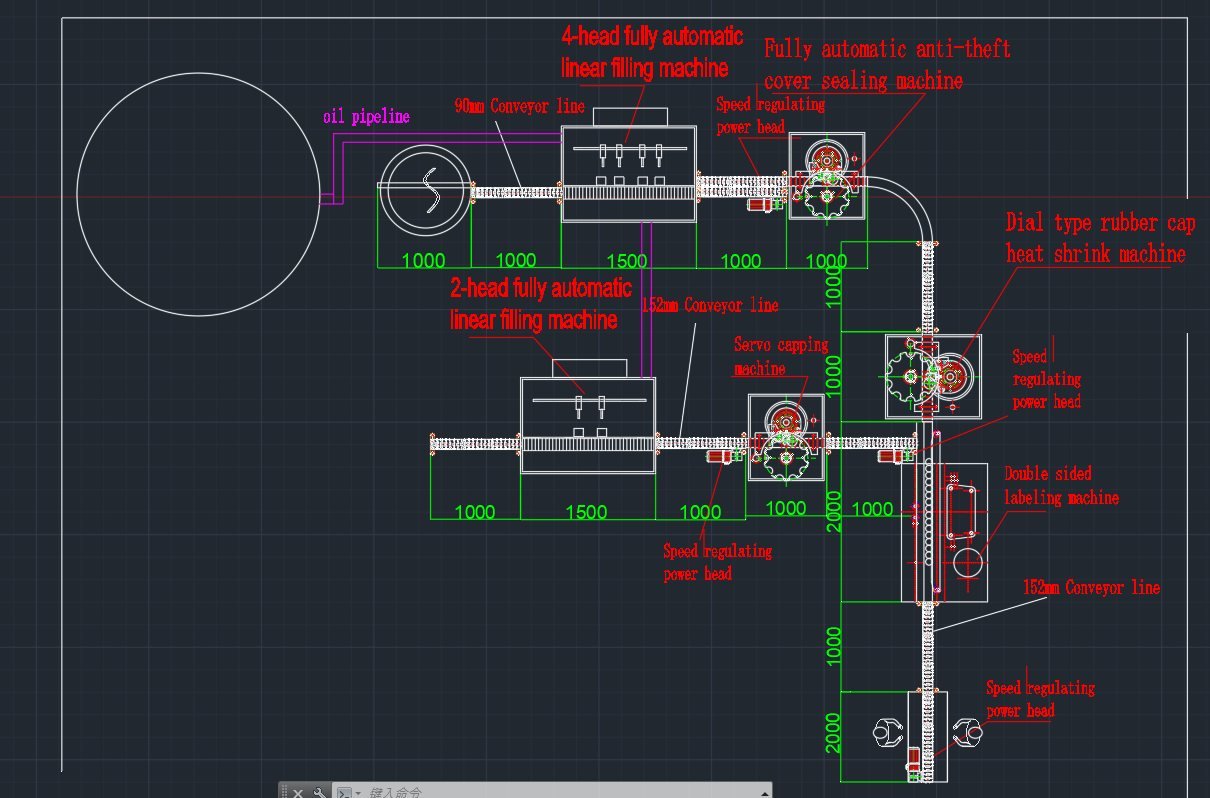 Final CAD layout with separate filling lines and one shared labeling machine.