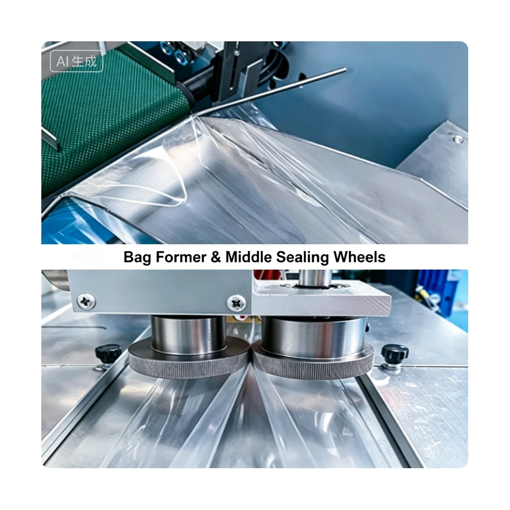 Bag former and middle sealing wheels