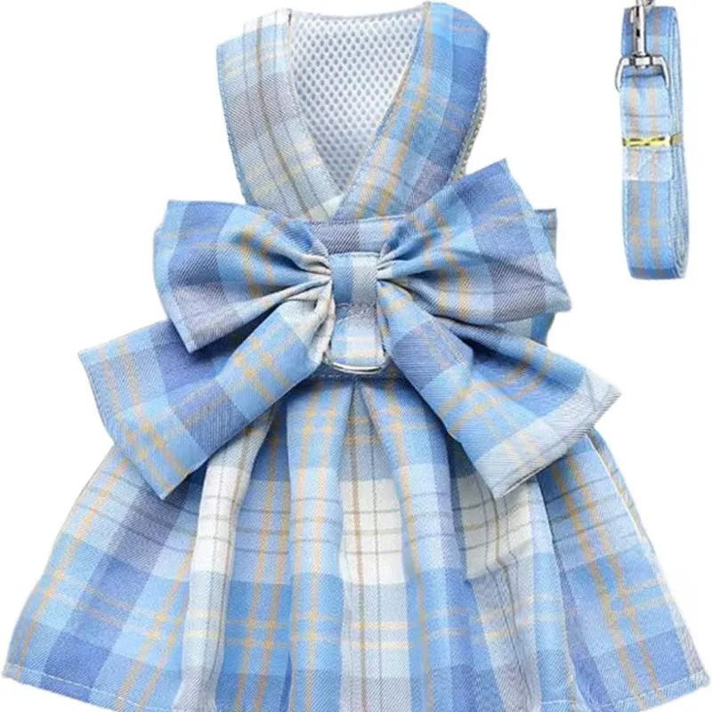 Plaid Dog Dress Bow Tie Harness Leash Set For Small Dogs Pet Outfits