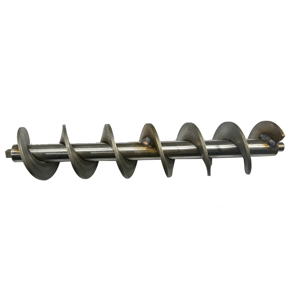 Auger shaft with hardened steel flights for abrasive materials