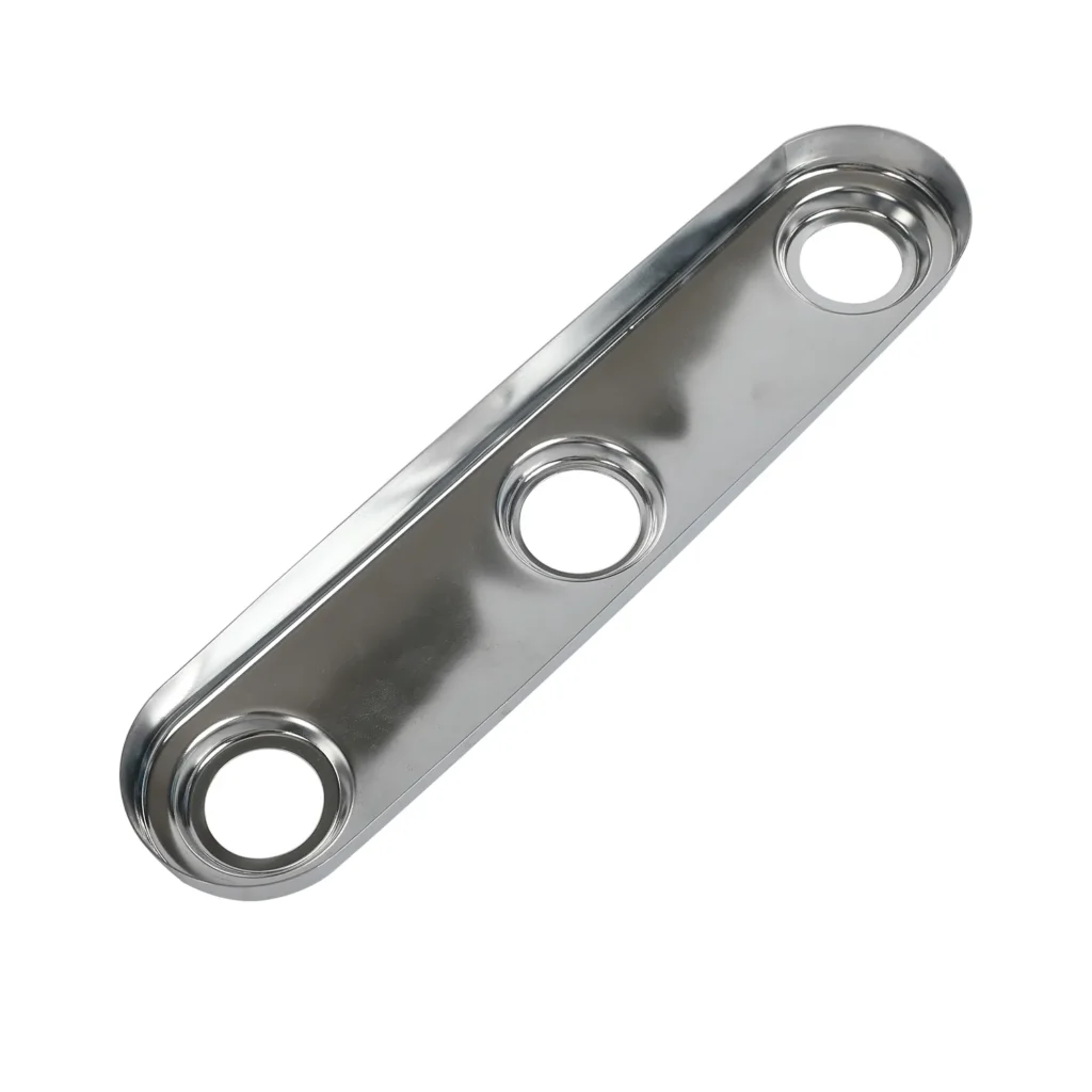 Precision stamped Faucet Deck Plate designed to cover unused sink mounting holes