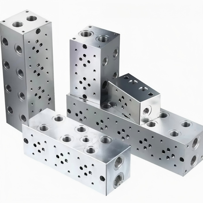 Custom Hydraulic Manifold Valve machined from 6061 aluminum for industrial hydraulic applications