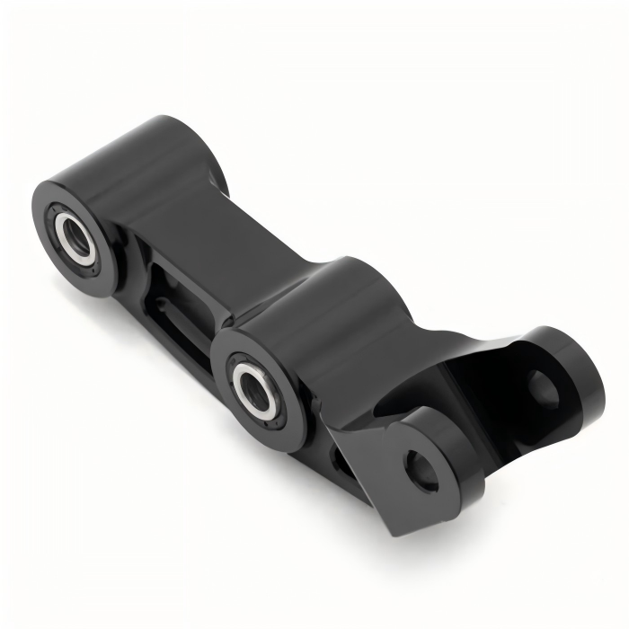 CNC machined rear suspension linkage with 1.25 inch lift for enhanced e bike handling and stability
