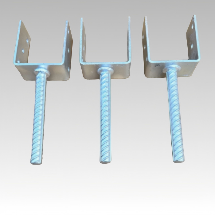 Three galvanized U Shaped Beam Bracket sets, threaded rebar timber support hangers for wooden beam construction