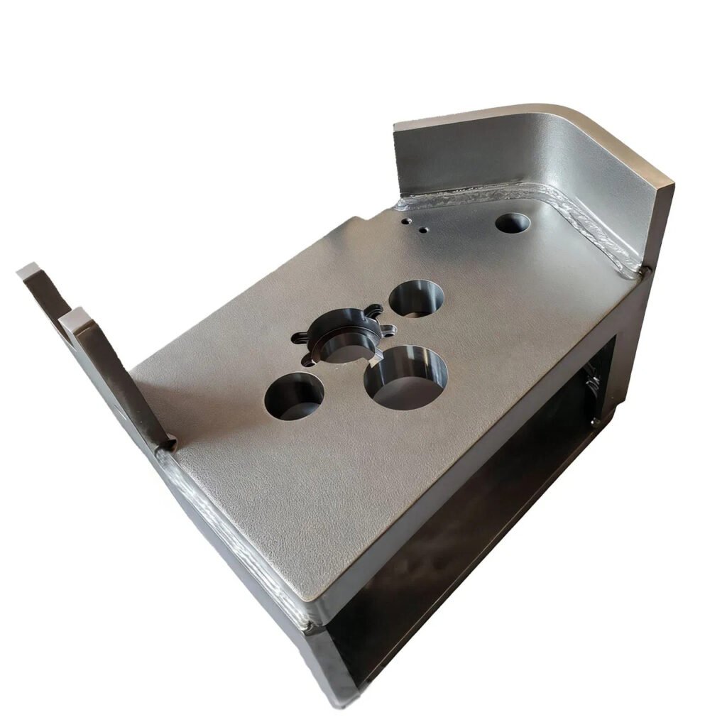 Precision Welded Assemblies with stainless steel construction and sandblasted surface finish for equipment bases.