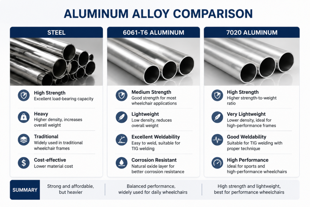 Confronto tra alluminio 6061 e 7020 per la produzione di telai rigidi per sedie a rotelle