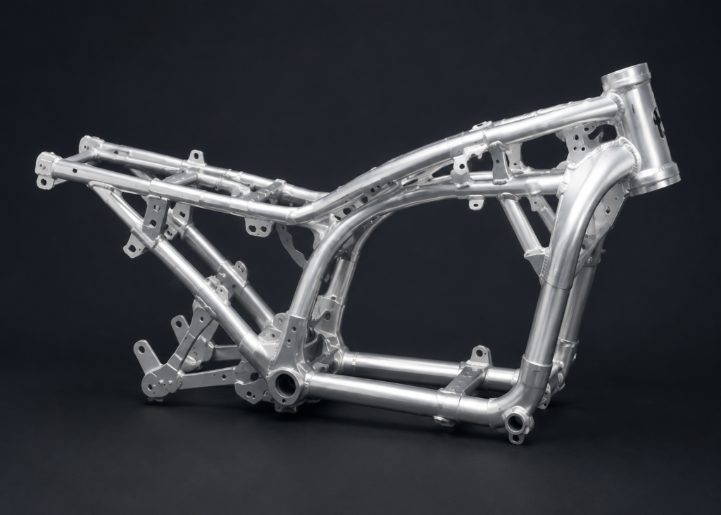 Custom Aluminum Motorcycle Frame Fabrication with Accurate Tube Alignment and Welded Connections