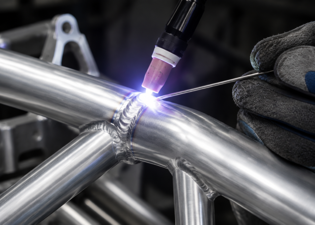 Aluminum Motorcycle Frame Close-Up Showing Clean Welds, Tube Joints, and Precision Fabrication