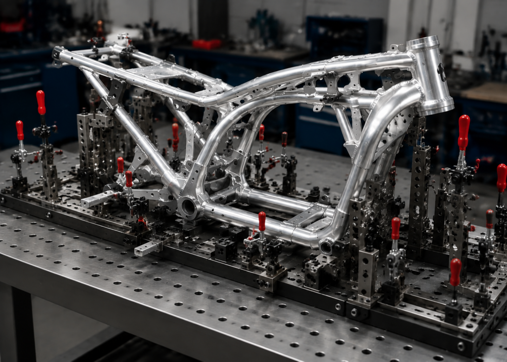 Aluminum Motorcycle Frame with TIG Welded Joints for Lightweight Custom Motorcycle Fabrication