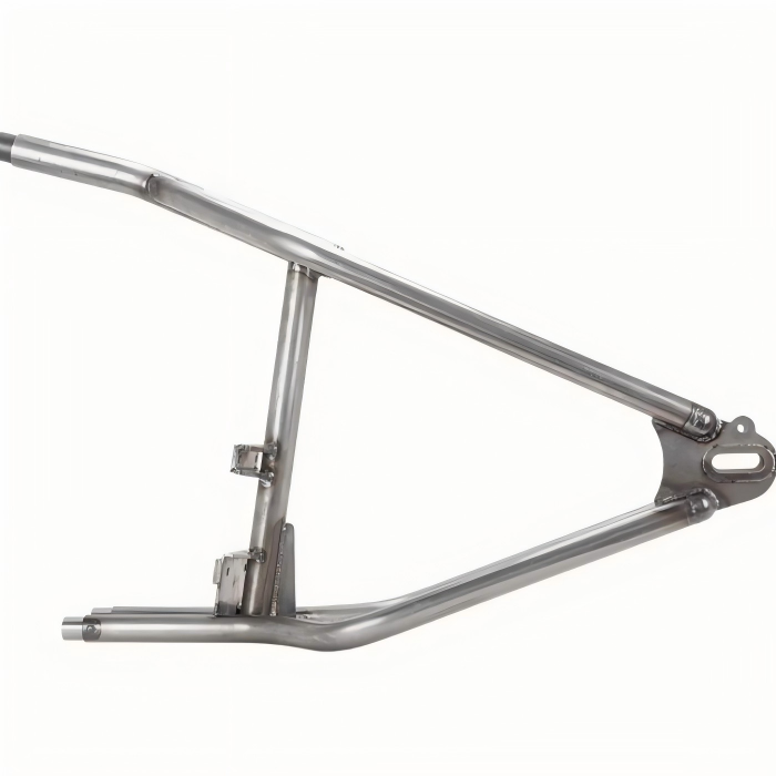 TIG bicycle frame welding on stainless steel tubing with bright silver bead and clean oxidation-free finish.
