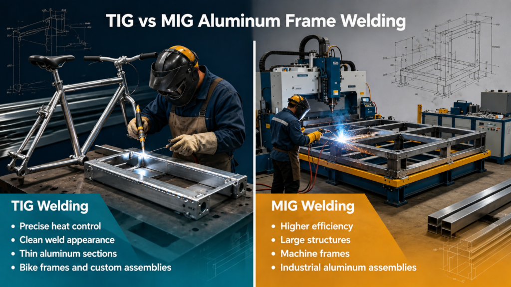 Aluminum frame fabrication with TIG welding process for lightweight structures, equipment frames, and custom industrial applications