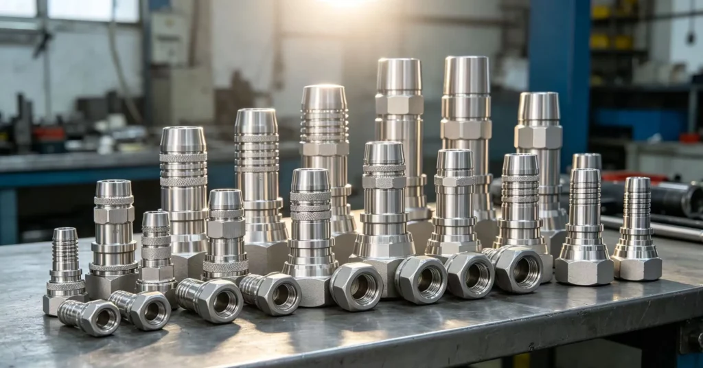 Custom stainless steel hose fitting with multi‑style thread for industrial fluid conveyance