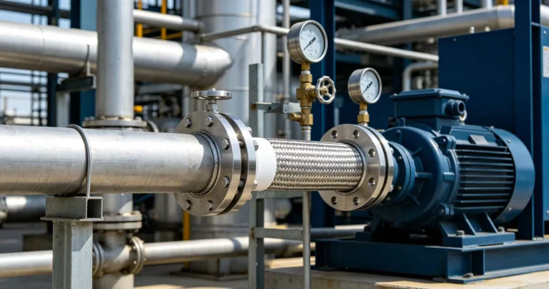 PTFE‑lined metal hose with flange ends installed on industrial chemical pump pipeline site 