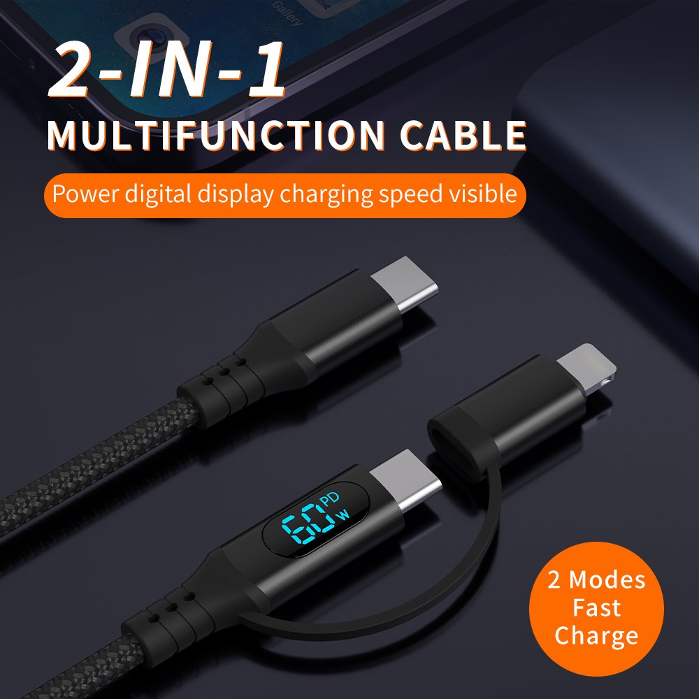 Star-sky Series 2-IN-1 Multi-Function Charging Watts LED Display TYPE CM/CM+Lightning Adapter Braid PD Charging Cable - IP...
