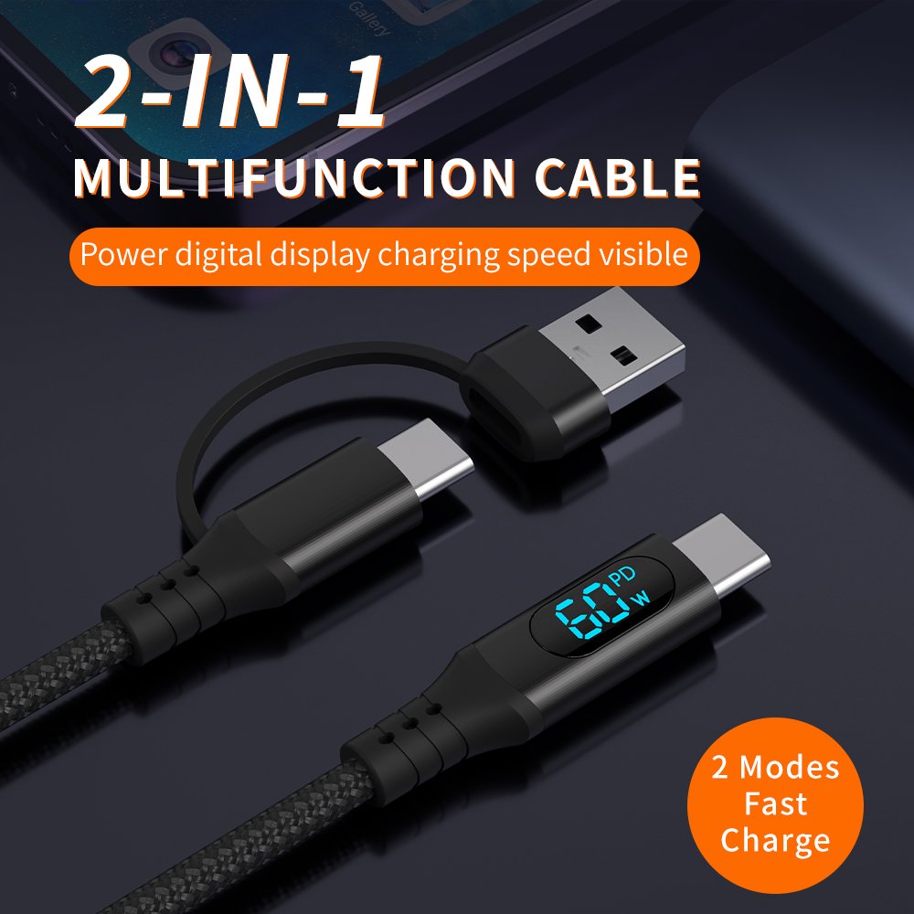 Série Star-sky : adaptateur multifonction 2-en-1 avec affichage LED de la puissance de charge (type CM + USB) / câble de recharge PD tressé 3 A (type CM) - ...