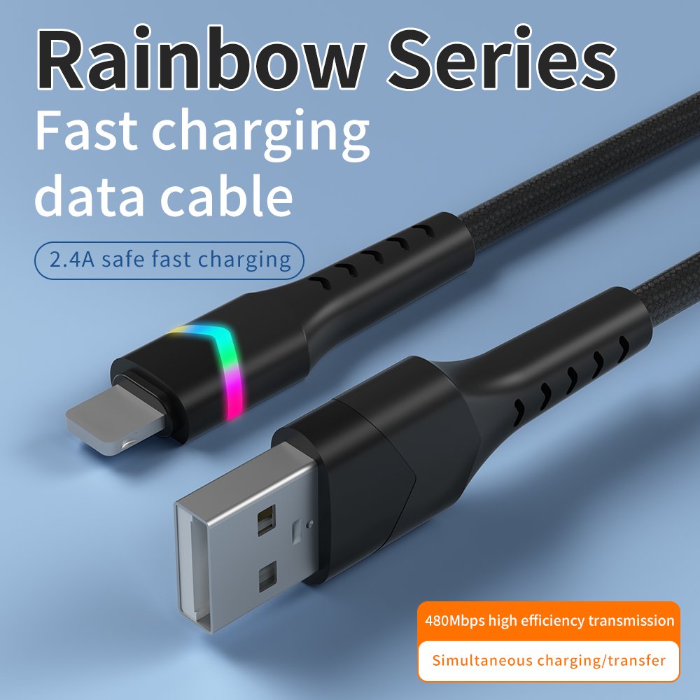 Câble USB AM/8 broches avec LED de la série Rainbow, gainage en nylon tressé, recharge rapide - CÂBLE POUR IPHONE - flitop.net